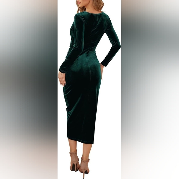 Green Velvet Wrap Dress, V-Neck Long Sleeve Midi, Holiday Party Dress, Women's M - Picture 2 of 7